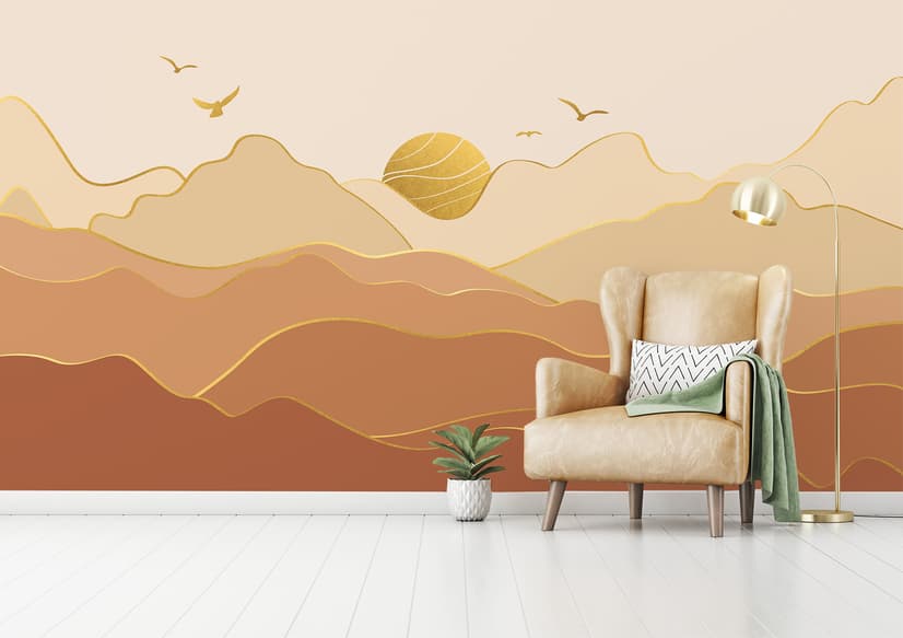 Gold Look Landscape Sunrise Sunset Wallpaper Mural