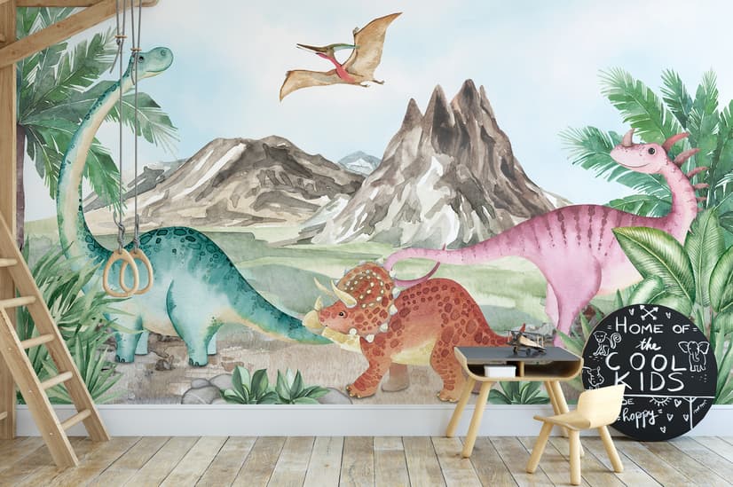 Papier peint panoramique mignon et coloré du monde des dinosaures