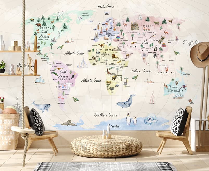 Kids Educational World Maps Wallpaper Mural