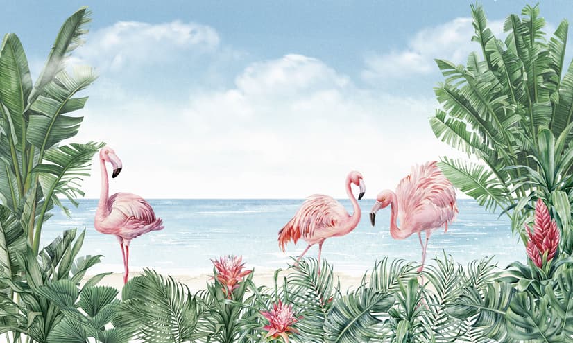 Tropical Landscape with Flamingos Wallpaper Mural
