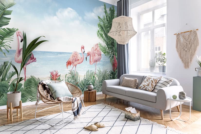 Tropical Landscape with Flamingos Wallpaper Mural