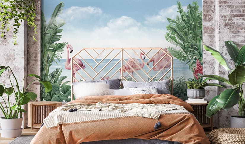 Tropical Landscape with Flamingos Wallpaper Mural