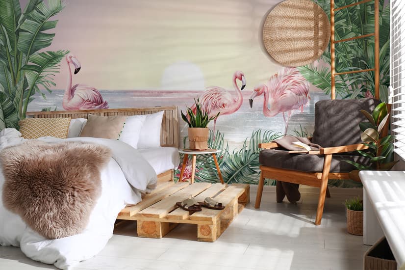 Tropical Landscape with Flamingos Wallpaper Mural