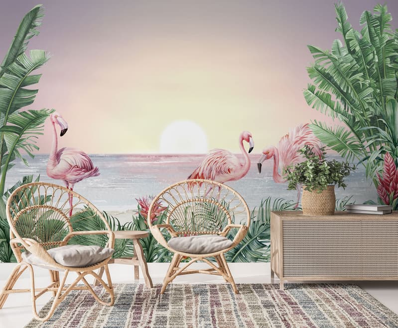 Tropical Landscape with Flamingos Wallpaper Mural