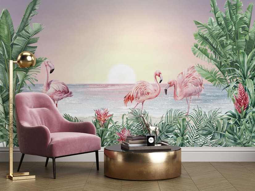 Tropical Landscape with Flamingos Wallpaper Mural