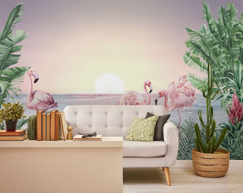 Tropical Landscape with Flamingos Wallpaper Mural