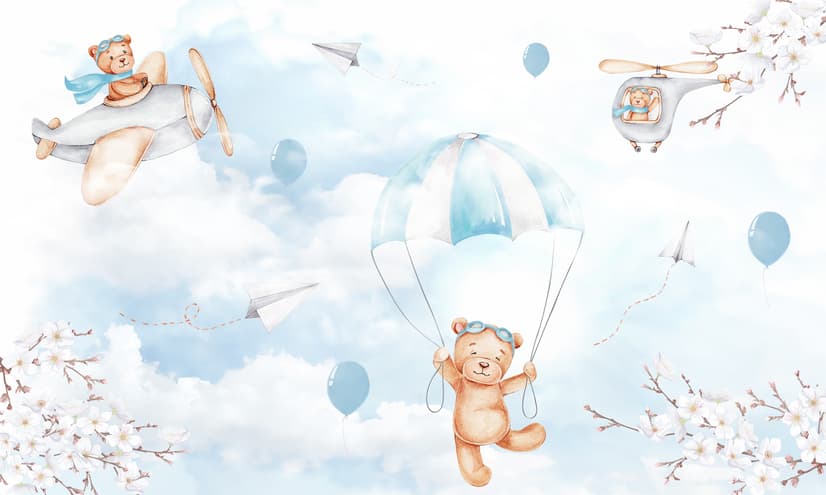 Cute Bear Flying with Paper Planes Wallpaper Mural