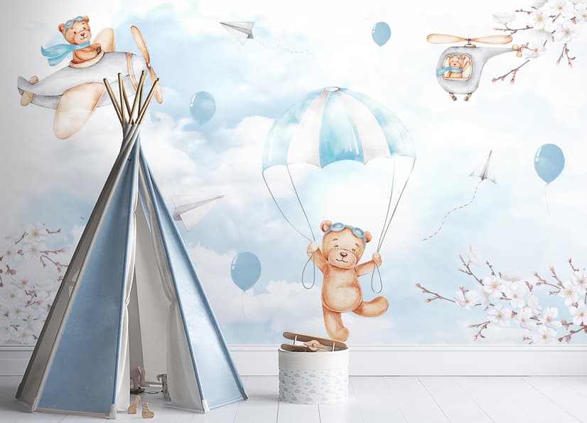 Cute Bear Flying with Paper Planes Wallpaper Mural