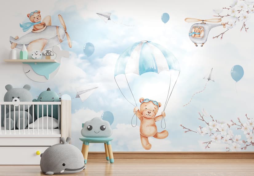 Ours mignon volant avec des avions en papier Papier peint panoramique