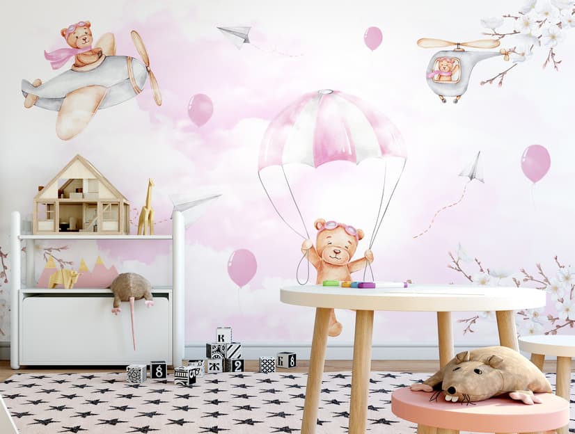 Cute Bear Flying with Paper Planes Wallpaper Mural