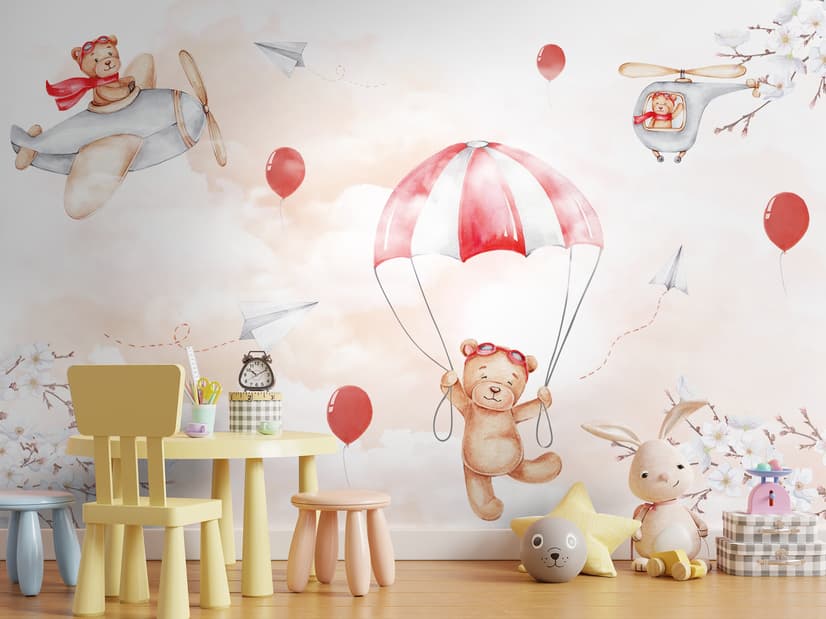 Cute Bear Flying with Paper Planes Wallpaper Mural