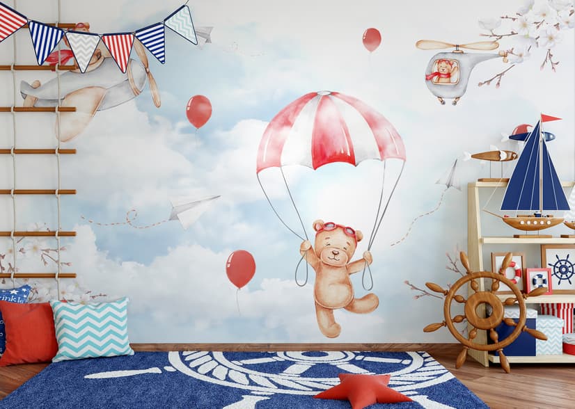 Cute Bear Flying with Paper Planes Wallpaper Mural