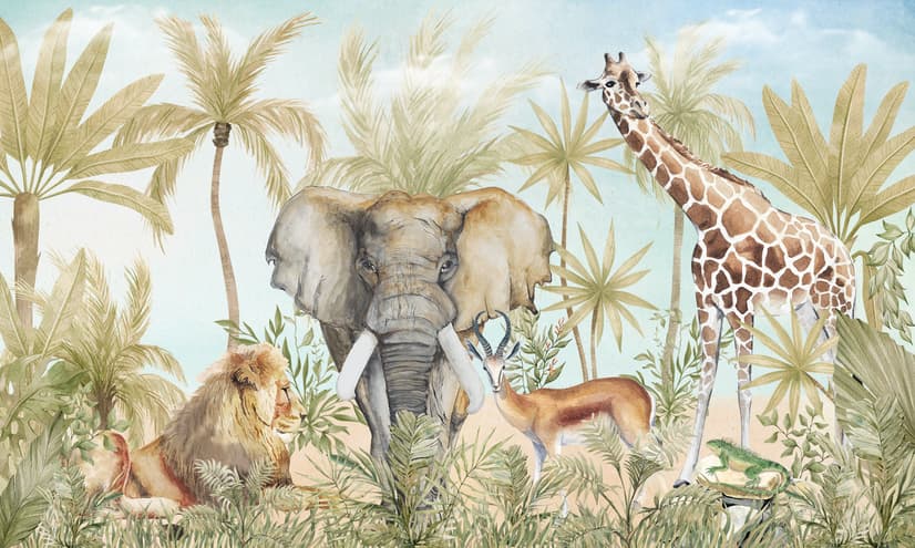 Watercolor Safari Animals in Forest Wallpaper Mural