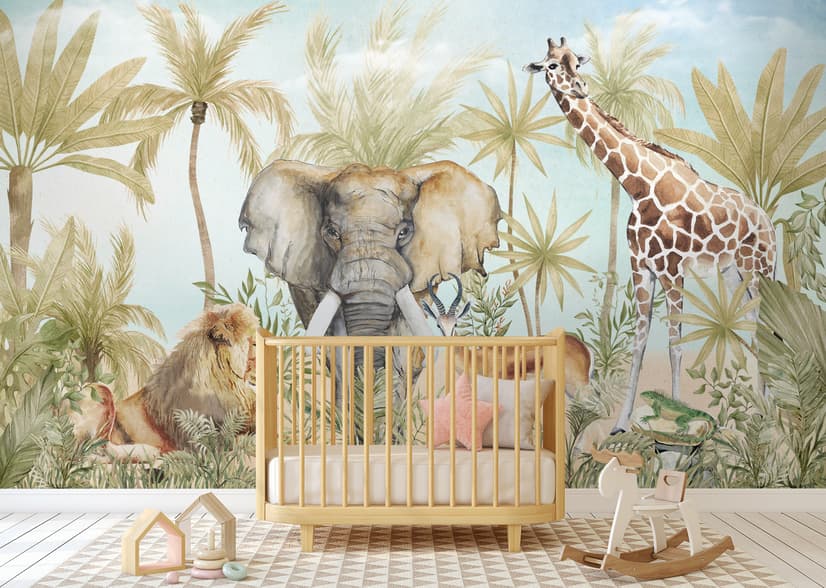 Watercolor Safari Animals in Forest Wallpaper Mural