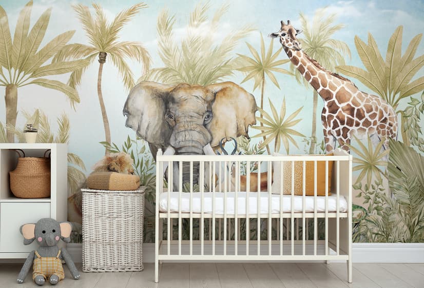 Watercolor Safari Animals in Forest Wallpaper Mural