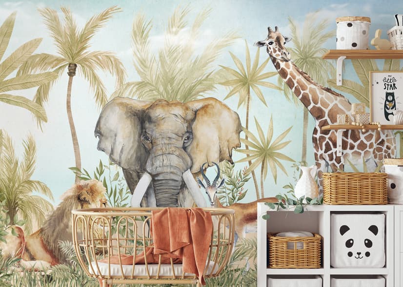 Watercolor Safari Animals in Forest Wallpaper Mural