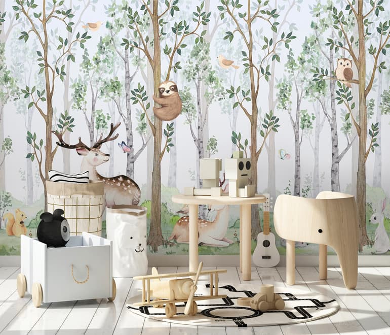 Kinderzimmer Niedliche Tiere im Wald Aquarell Fototapeten
