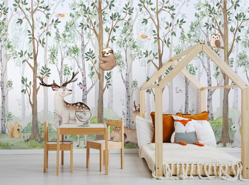 Kinderzimmer Niedliche Tiere im Wald Aquarell Fototapeten