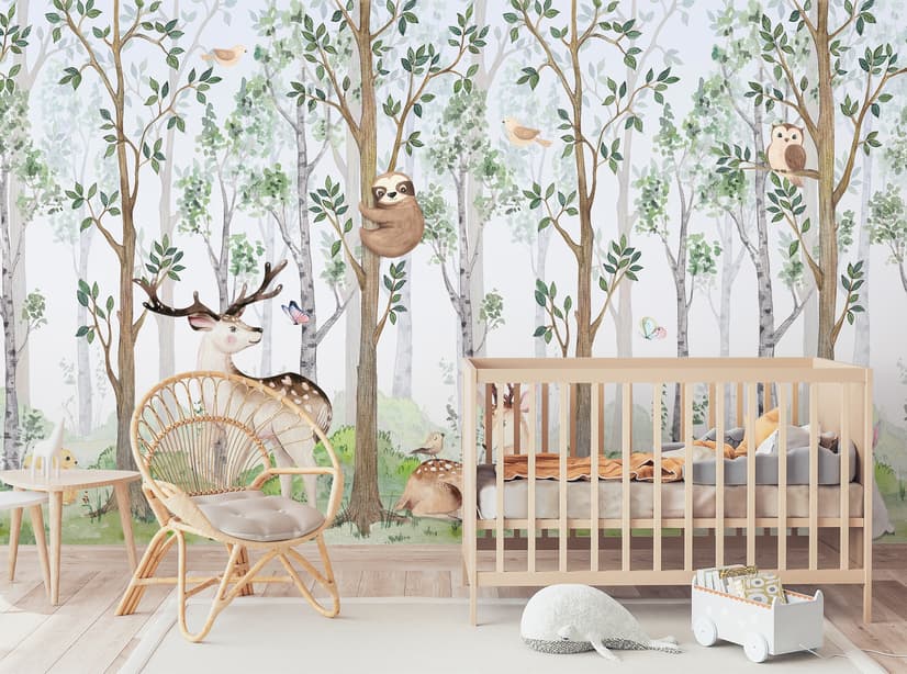 Kinderzimmer Niedliche Tiere im Wald Aquarell Fototapeten