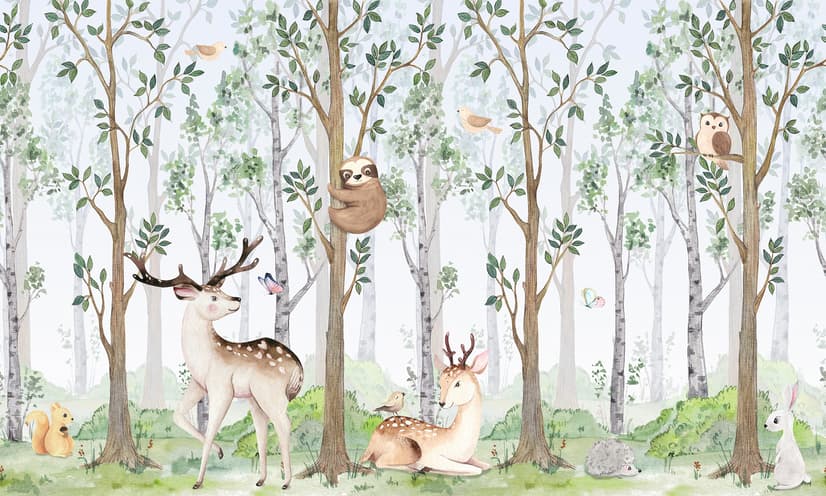 Kinderzimmer Niedliche Tiere im Wald Aquarell Fototapeten
