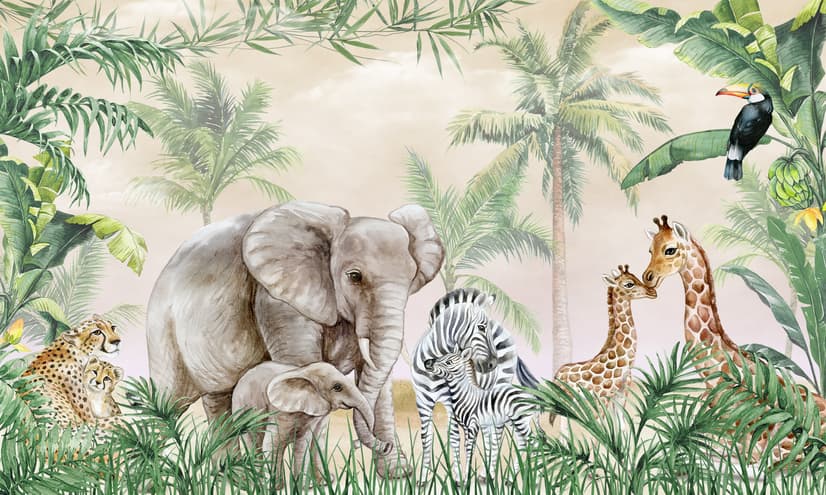Kids Safari Animals with Cub Wallpaper Mural