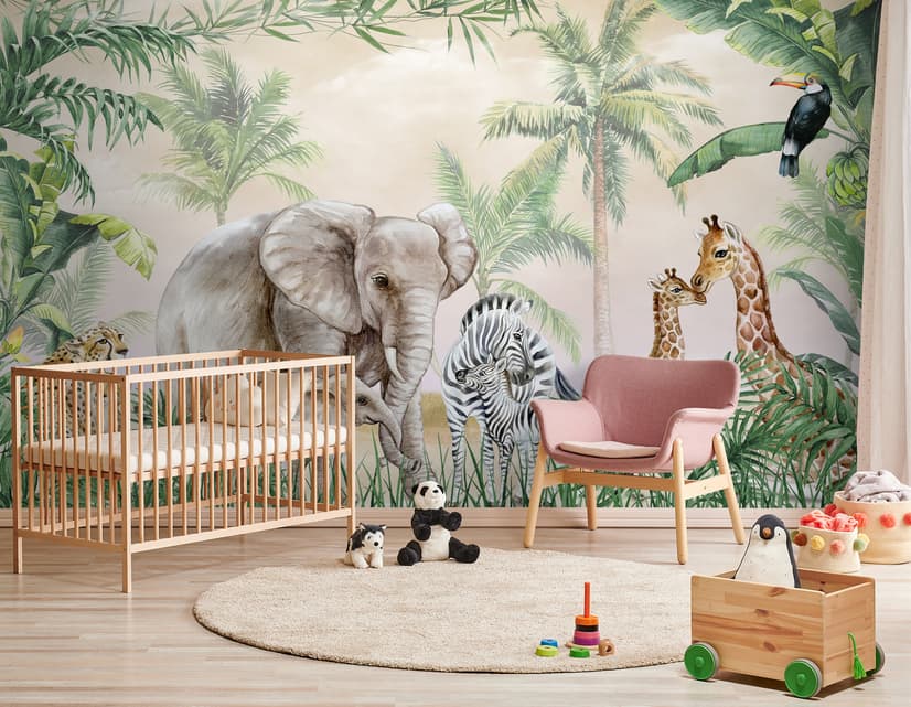 Kids Safari Animals with Cub Wallpaper Mural