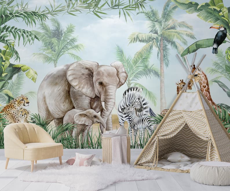 Kids Safari Animals with Cub Wallpaper Mural