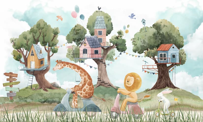 Kids Forest Animals with Treehouse Wallpaper Mural