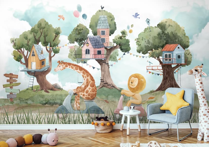 Kids Forest Animals with Treehouse Wallpaper Mural