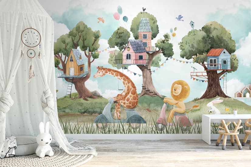Kids Forest Animals with Treehouse Wallpaper Mural