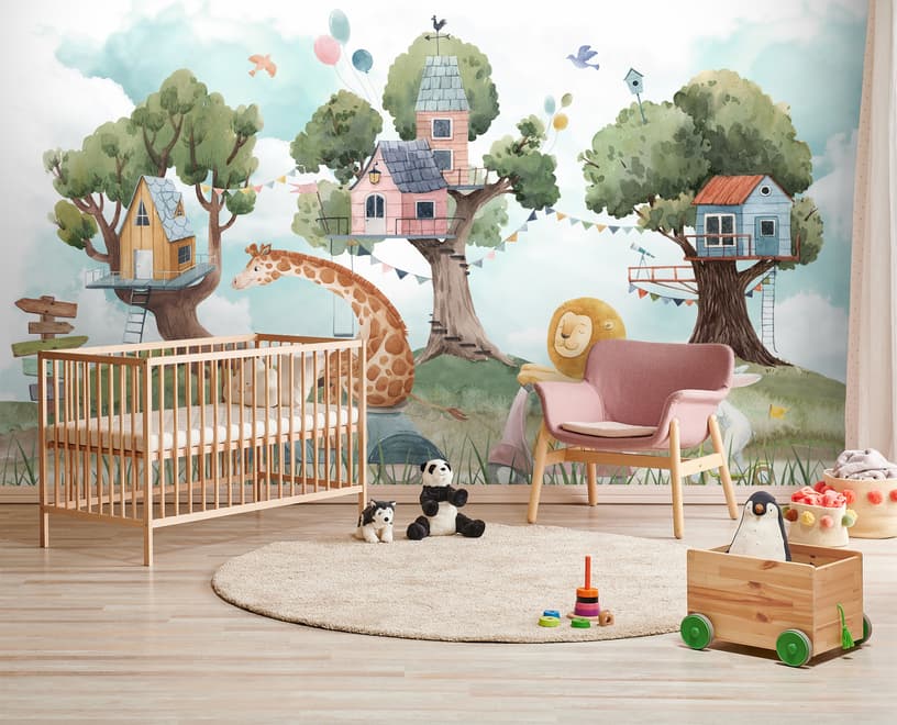 Kids Forest Animals with Treehouse Wallpaper Mural