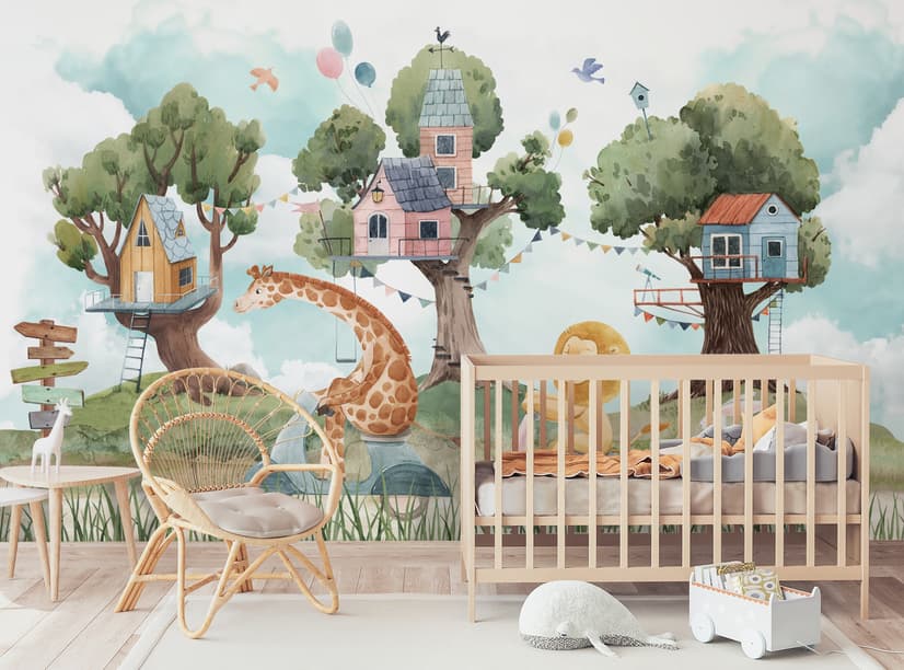 Kids Forest Animals with Treehouse Wallpaper Mural
