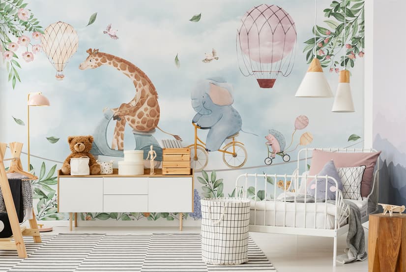 Kids Cycling Riding Cute Animals Wallpaper Mural