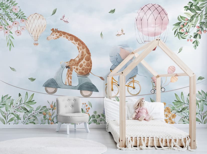 Kids Cycling Riding Cute Animals Wallpaper Mural