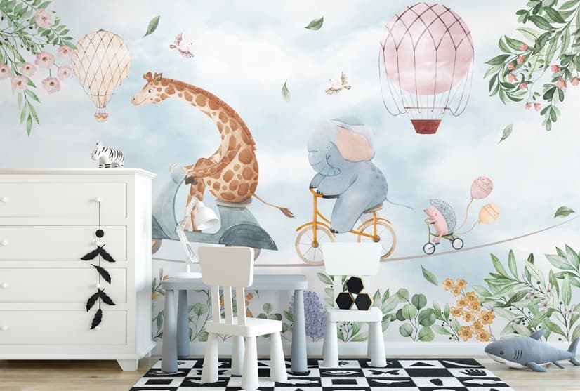 Kids Cycling Riding Cute Animals Wallpaper Mural