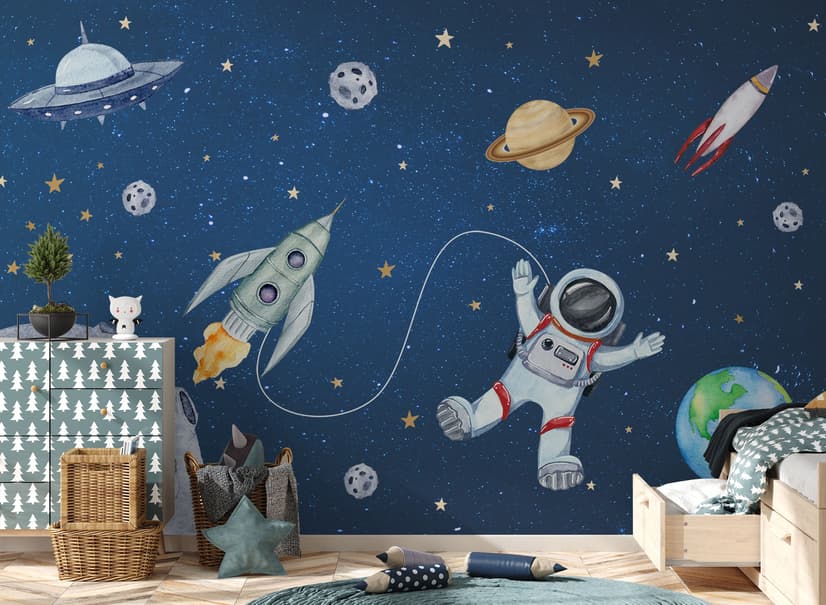 Kids Watercolor Space with Spaceship and Astronaut Wallpaper Mural