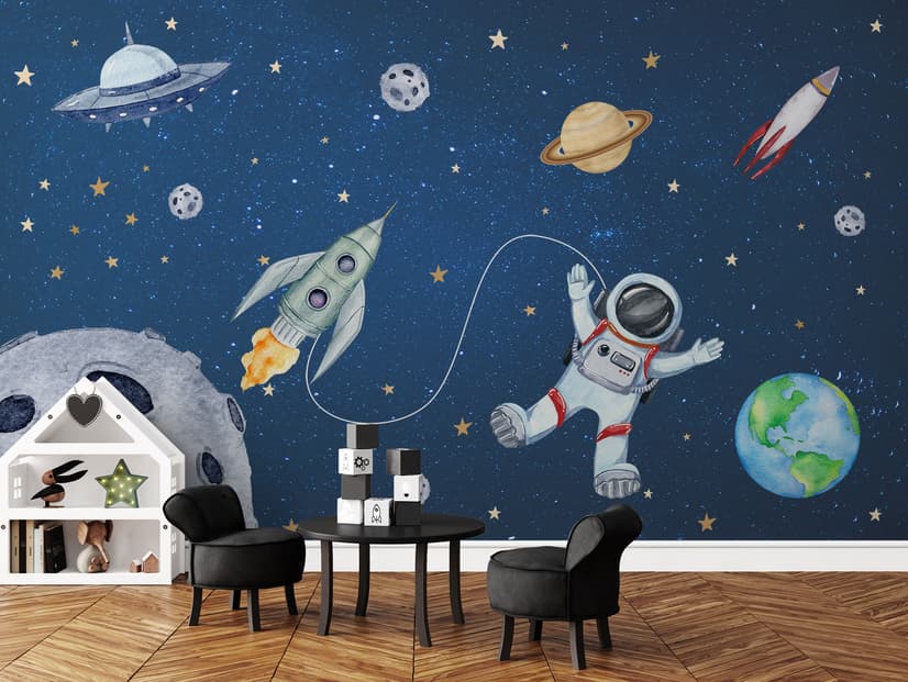 Kids Watercolor Space with Spaceship and Astronaut Wallpaper Mural