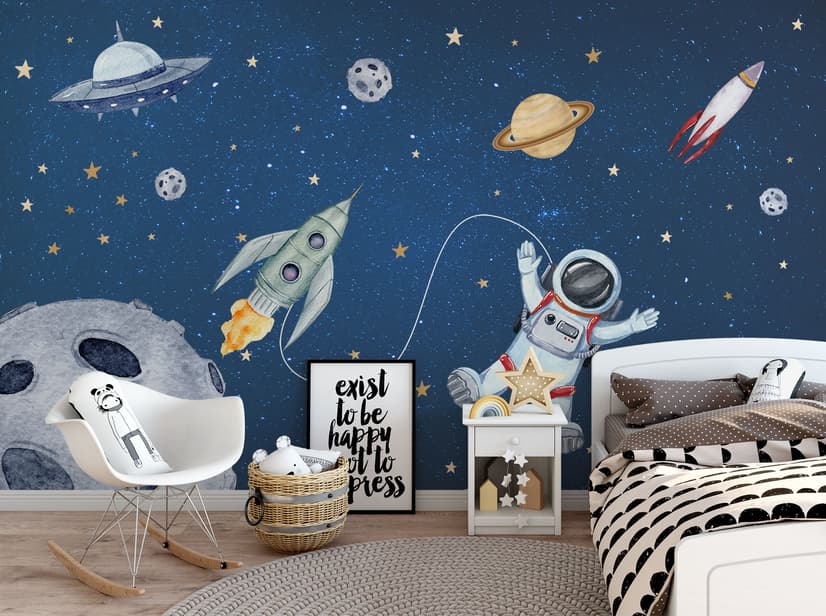 Kids Watercolor Space with Spaceship and Astronaut Wallpaper Mural