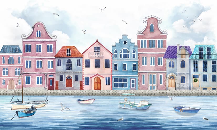 Watercolor Dutch Houses Wallpaper Mural for Kids