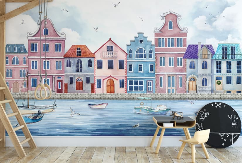 Papier peint panoramique des maisons hollandaises à l'aquarelle pour les enfants