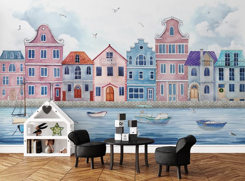 Watercolor Dutch Houses Wallpaper Mural for Kids