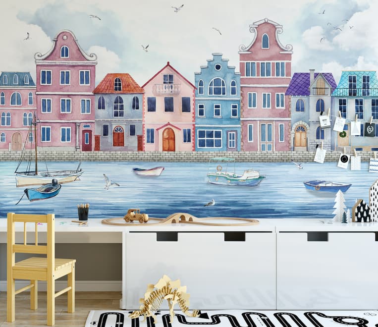 Watercolor Dutch Houses Wallpaper Mural for Kids
