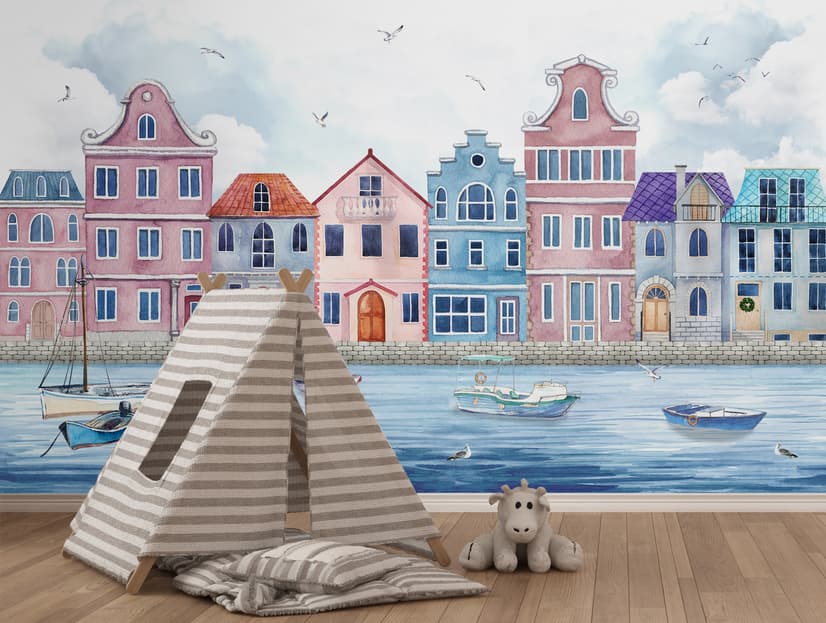 Watercolor Dutch Houses Wallpaper Mural for Kids