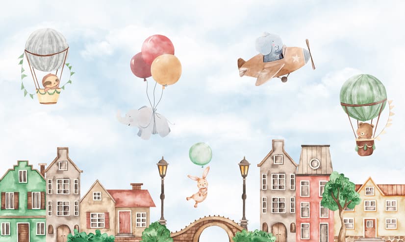 Watercolor Cute Houses with Flying Animals Wallpaper Mural for Kids