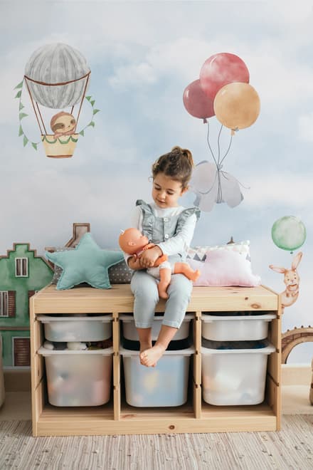 Watercolor Cute Houses with Flying Animals Wallpaper Mural for Kids