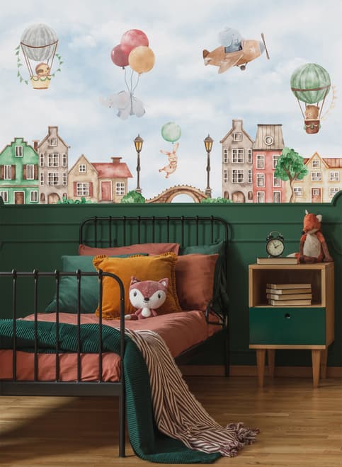 Watercolor Cute Houses with Flying Animals Wallpaper Mural for Kids
