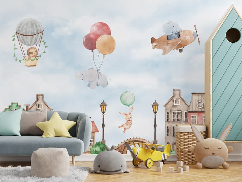Watercolor Cute Houses with Flying Animals Wallpaper Mural for Kids