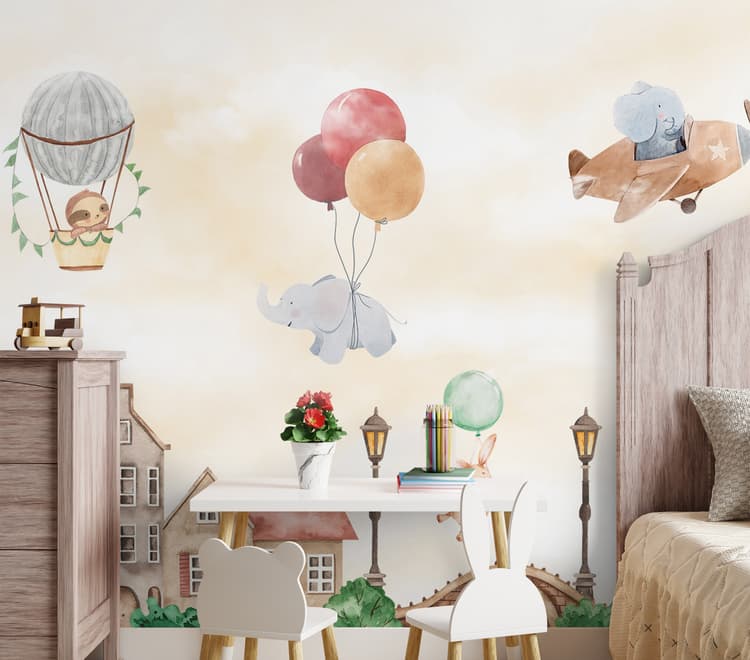 Watercolor Cute Houses with Flying Animals Wallpaper Mural for Kids