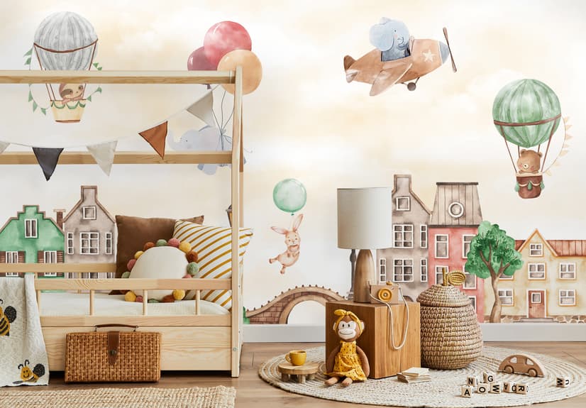 Watercolor Cute Houses with Flying Animals Wallpaper Mural for Kids