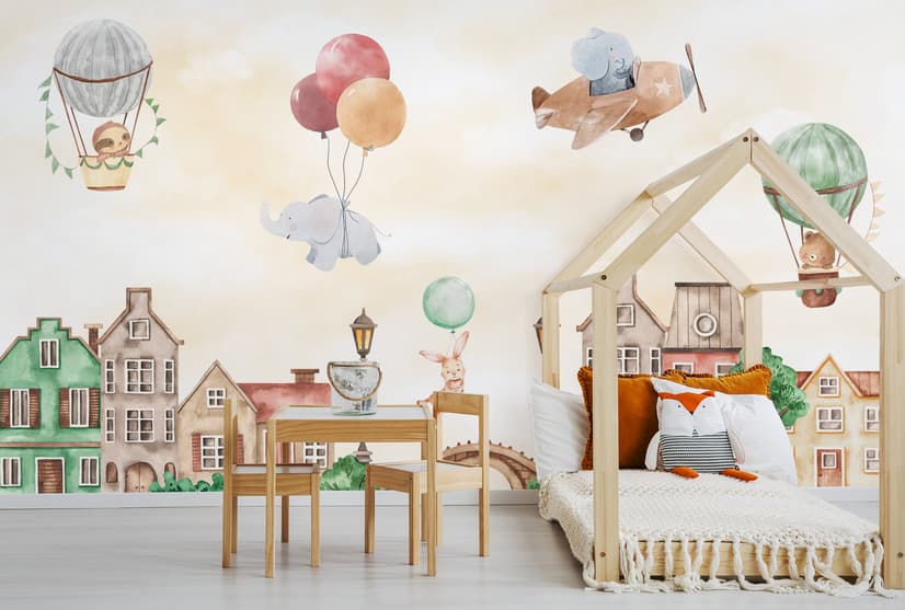 Watercolor Cute Houses with Flying Animals Wallpaper Mural for Kids